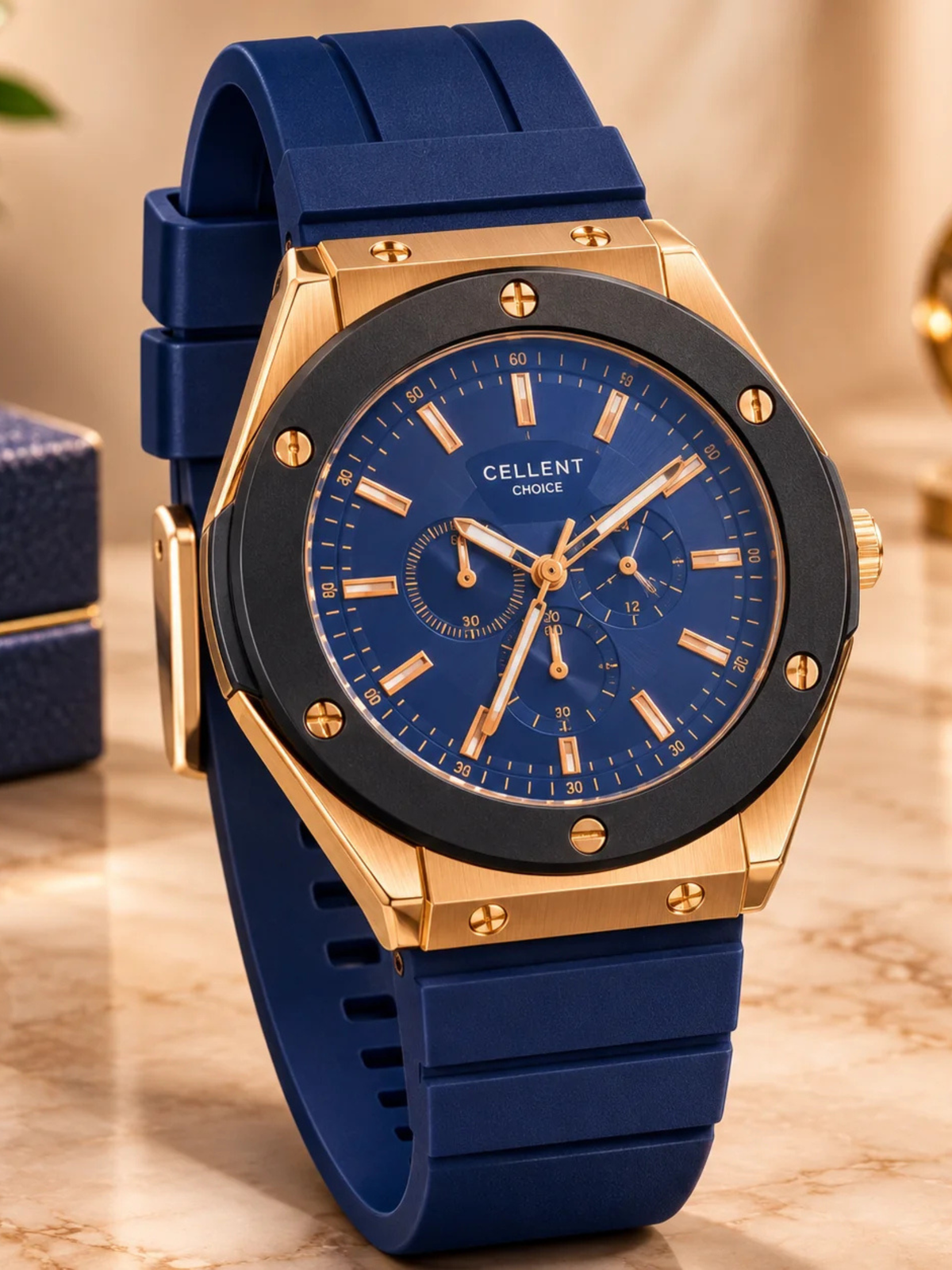 Luxury Chronograph Wristwatch – Gold-Tone Case, Black Bezel & Multi-Color Strap Options