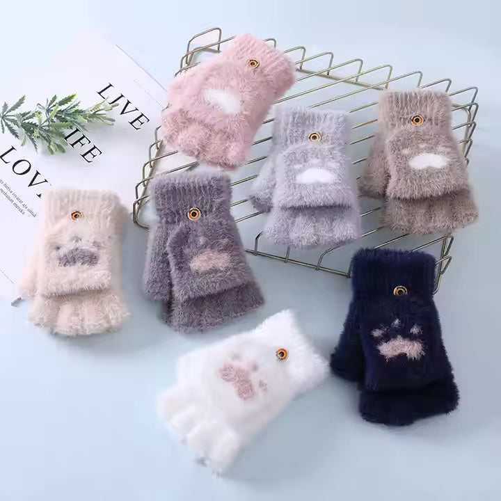 Winter Fingerless Cat Paw Gloves for Women