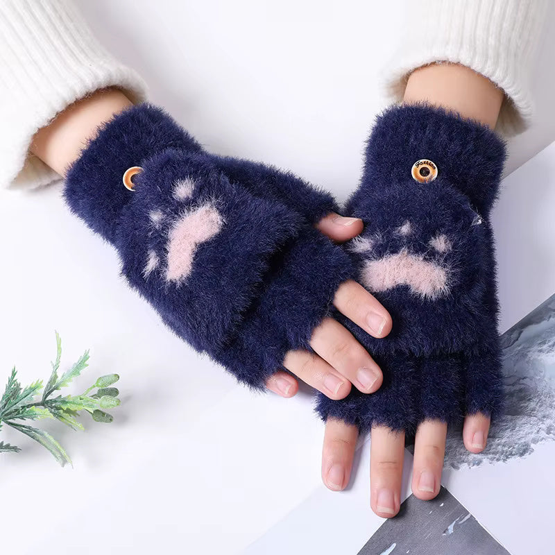 Winter Fingerless Cat Paw Gloves for Women