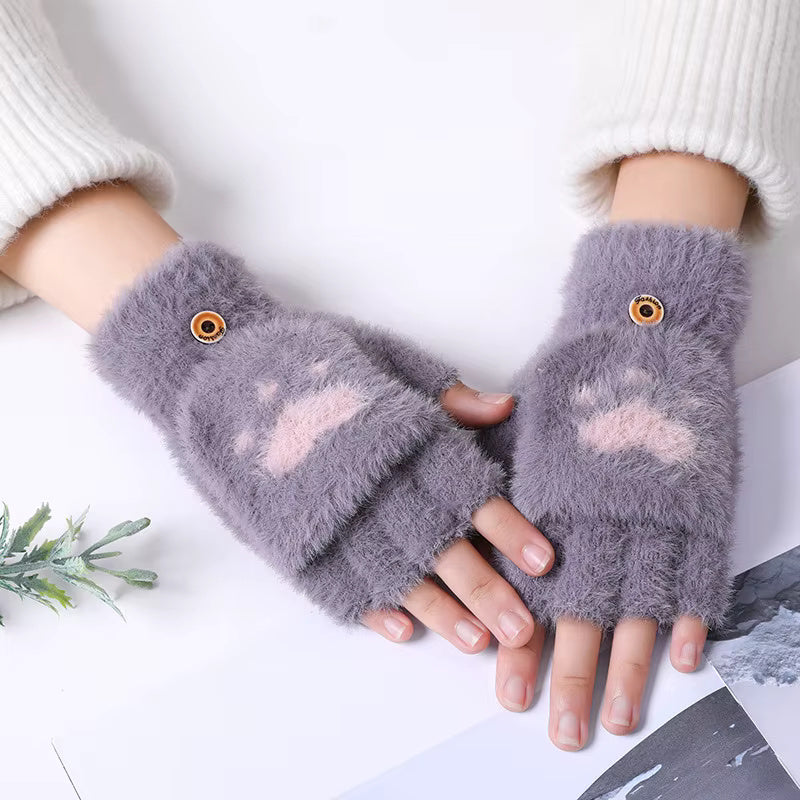 Winter Fingerless Cat Paw Gloves for Women
