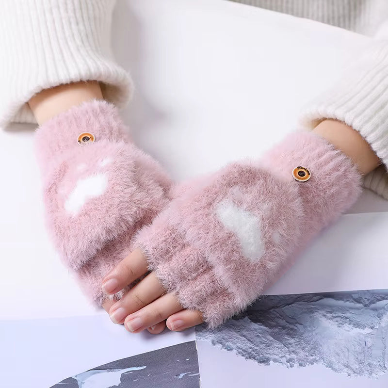 Winter Fingerless Cat Paw Gloves for Women