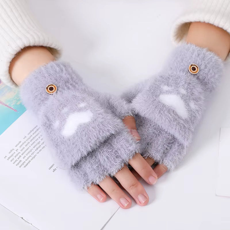 Winter Fingerless Cat Paw Gloves for Women