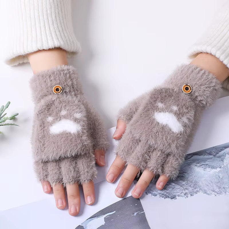 Winter Fingerless Cat Paw Gloves for Women