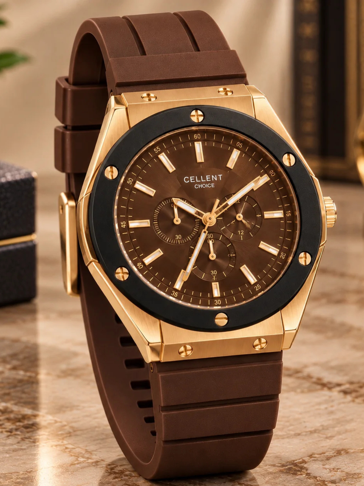Luxury Chronograph Wristwatch – Gold-Tone Case, Black Bezel & Multi-Color Strap Options