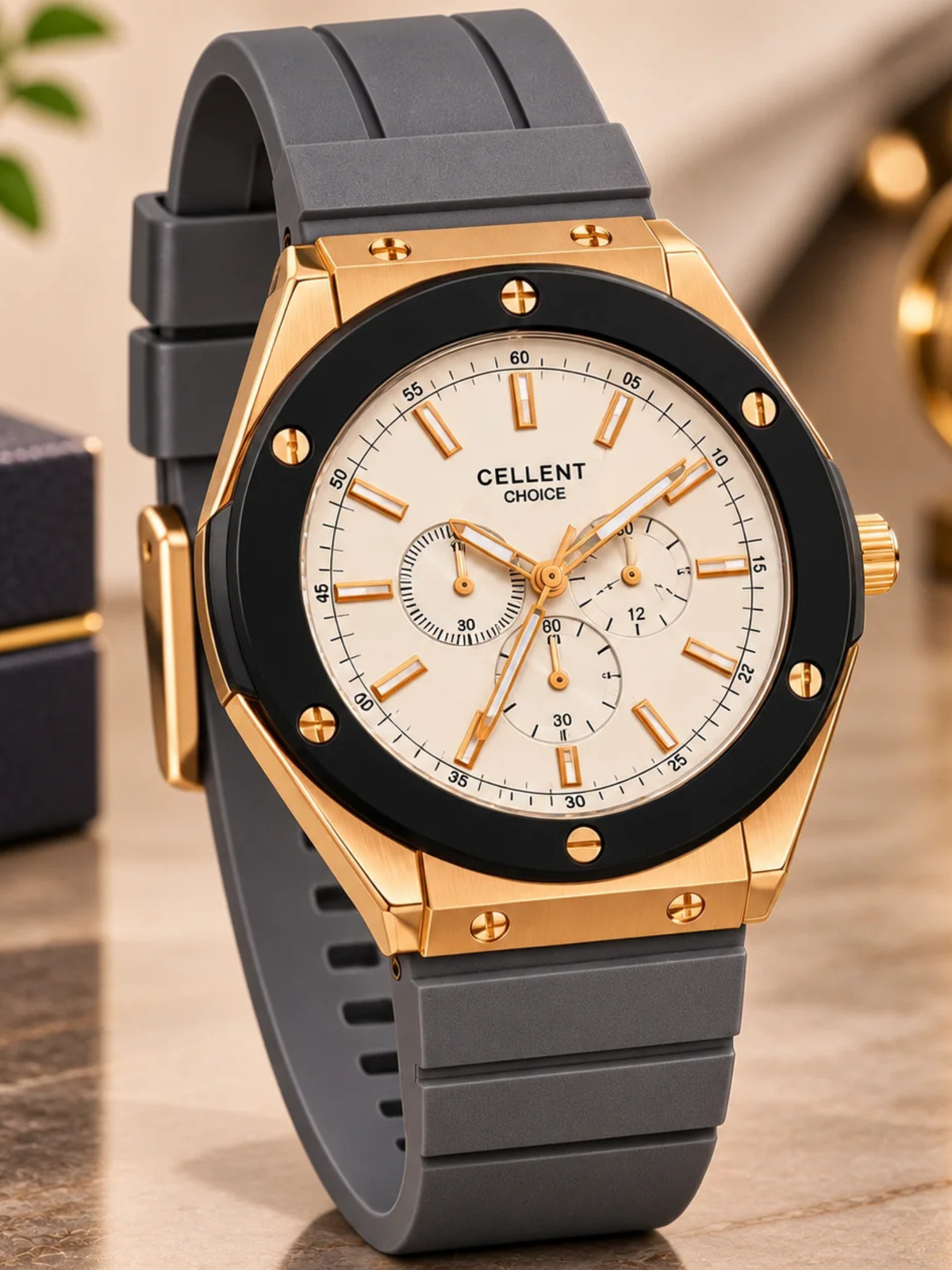 Luxury Chronograph Wristwatch – Gold-Tone Case, Black Bezel & Multi-Color Strap Options