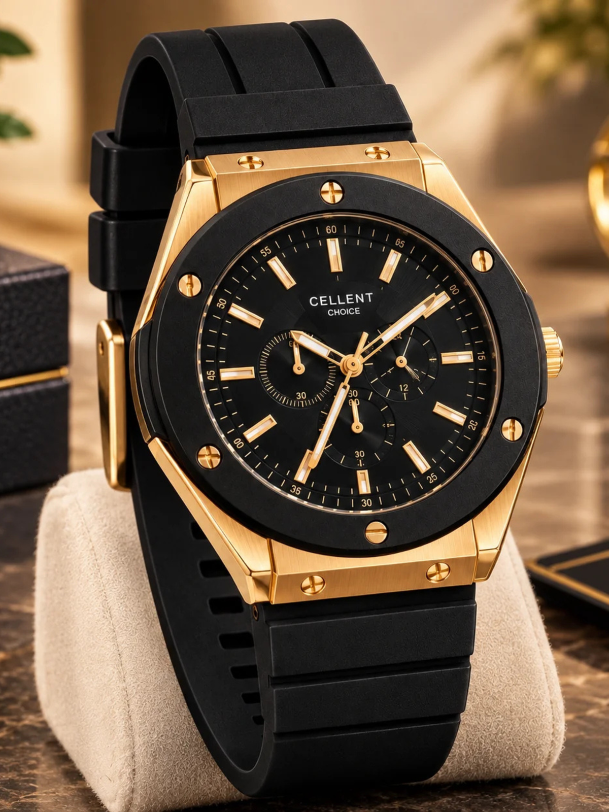 Luxury Chronograph Wristwatch – Gold-Tone Case, Black Bezel & Multi-Color Strap Options